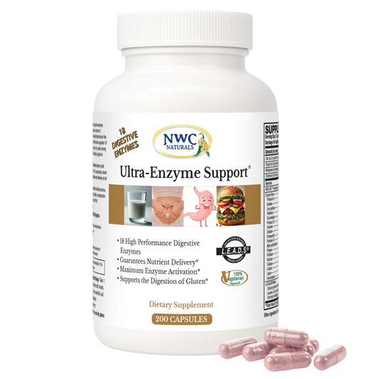 NWC Naturals Ultra-Enzyme Support bottle on a counter supports digestion after meals.