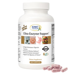 NWC Naturals Ultra-Enzyme Support bottle on a counter supports digestion after meals.