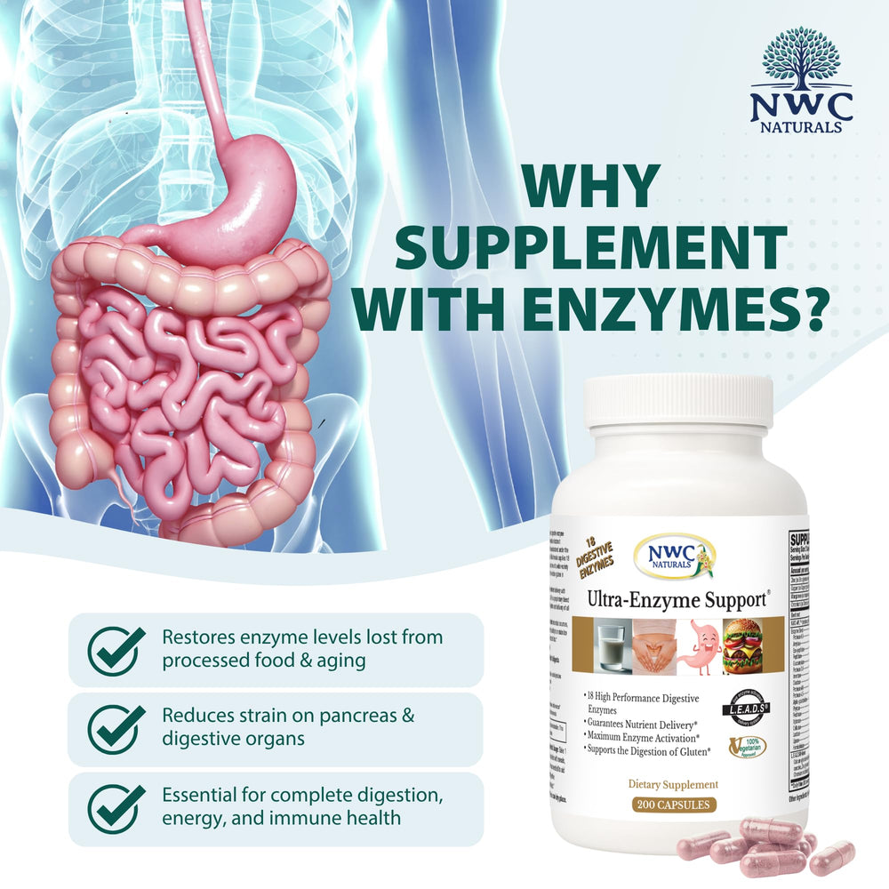 NWC Naturals Ultra-Enzyme Support capsules close-up showing plant-based enzymes for digestion.