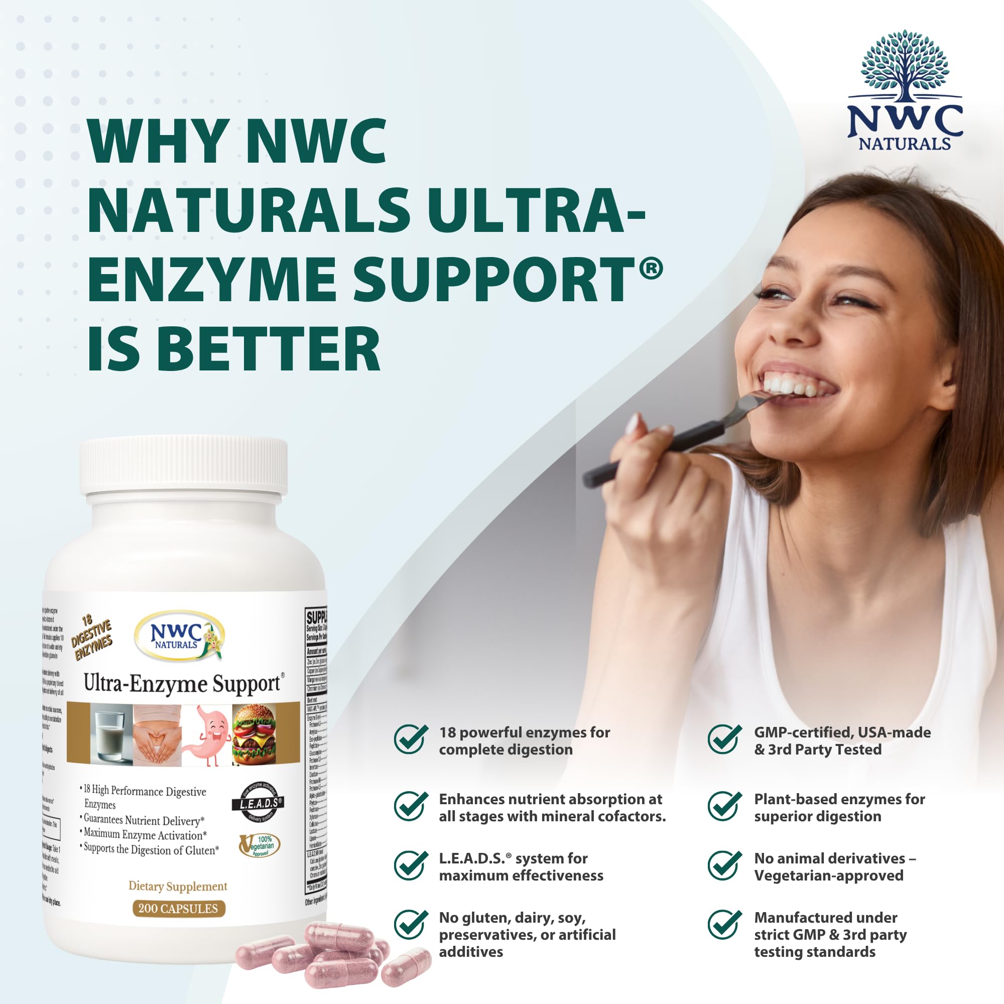 NWC Naturals Ultra-Enzyme Support capsules in hand for scale and digestion planning.