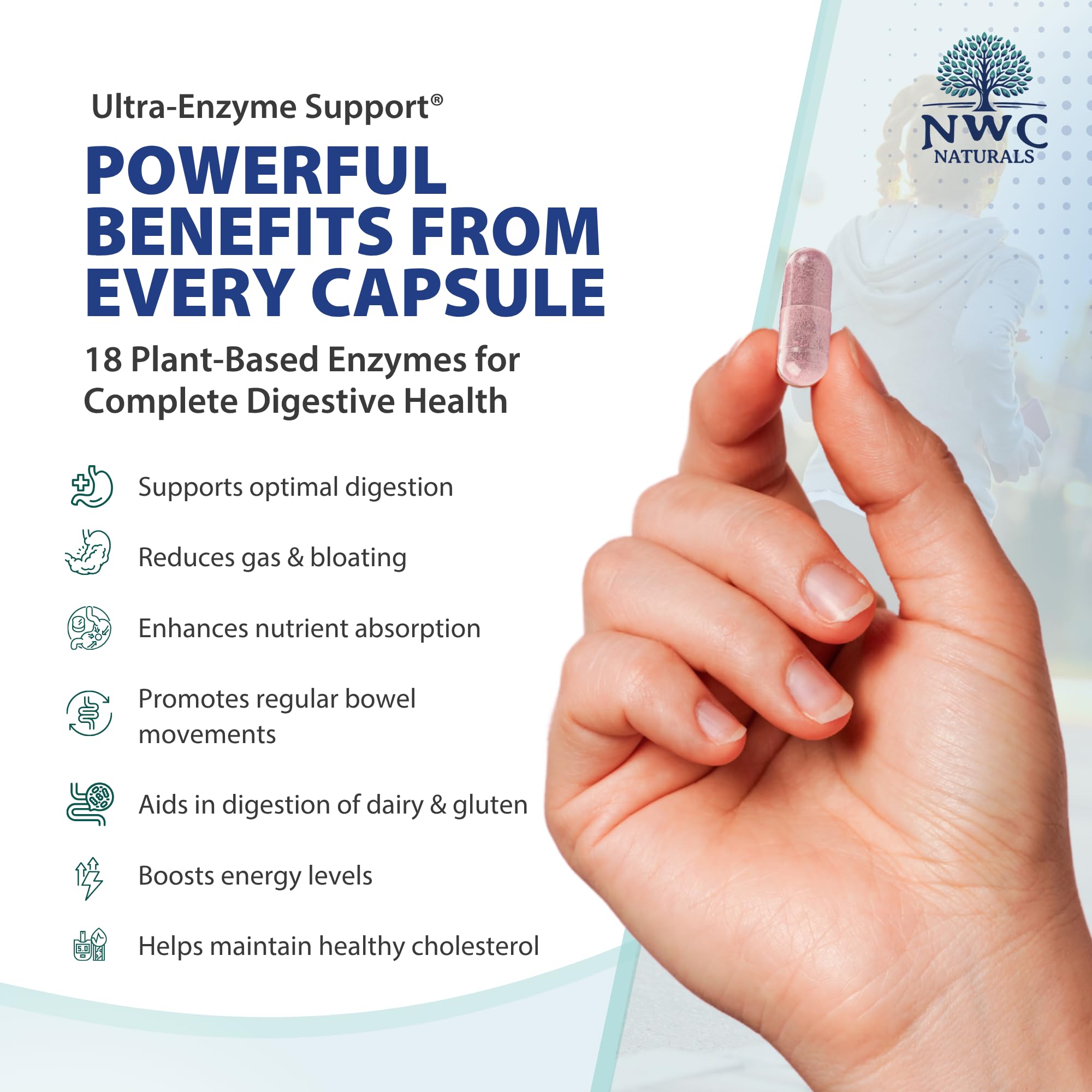 NWC Naturals Ultra-Enzyme Support label view highlighting 18-enzyme blend.