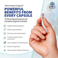 NWC Naturals Ultra-Enzyme Support label view highlighting 18-enzyme blend.