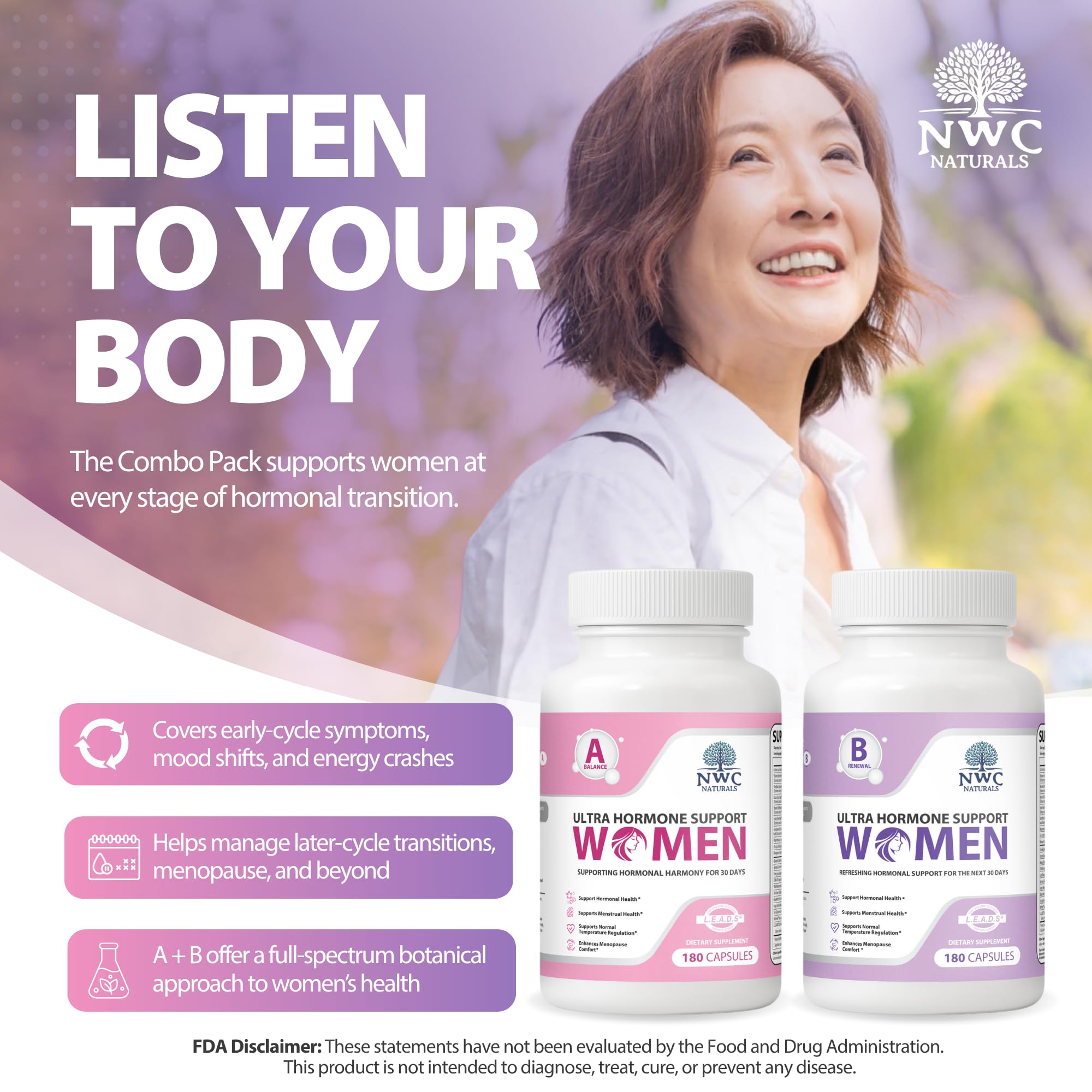 NWC Naturals Ultra-Hormone Support Combo bottle back with ingredients and certifications.