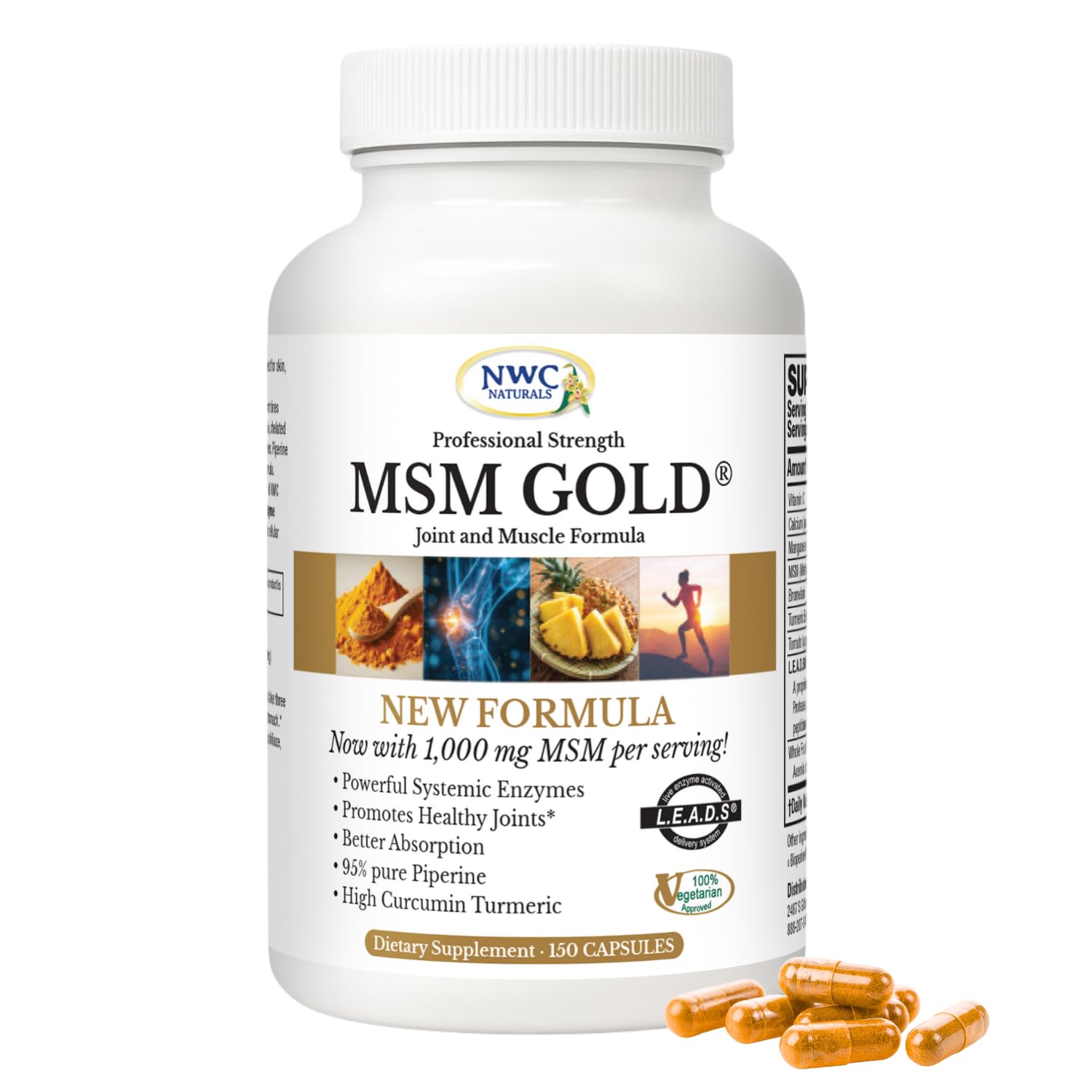 NWC Naturals MSM Gold bottle front highlighting plant-based joint support formula.