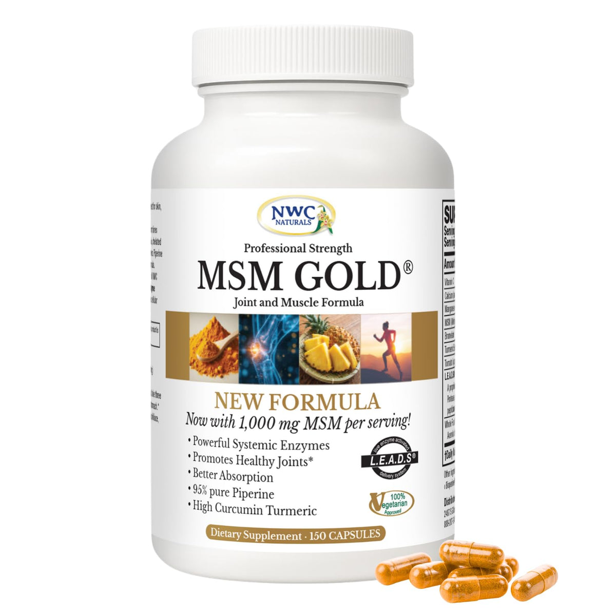 NWC Naturals MSM Gold bottle front highlighting plant-based joint support formula.