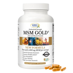 NWC Naturals MSM Gold bottle front highlighting plant-based joint support formula.