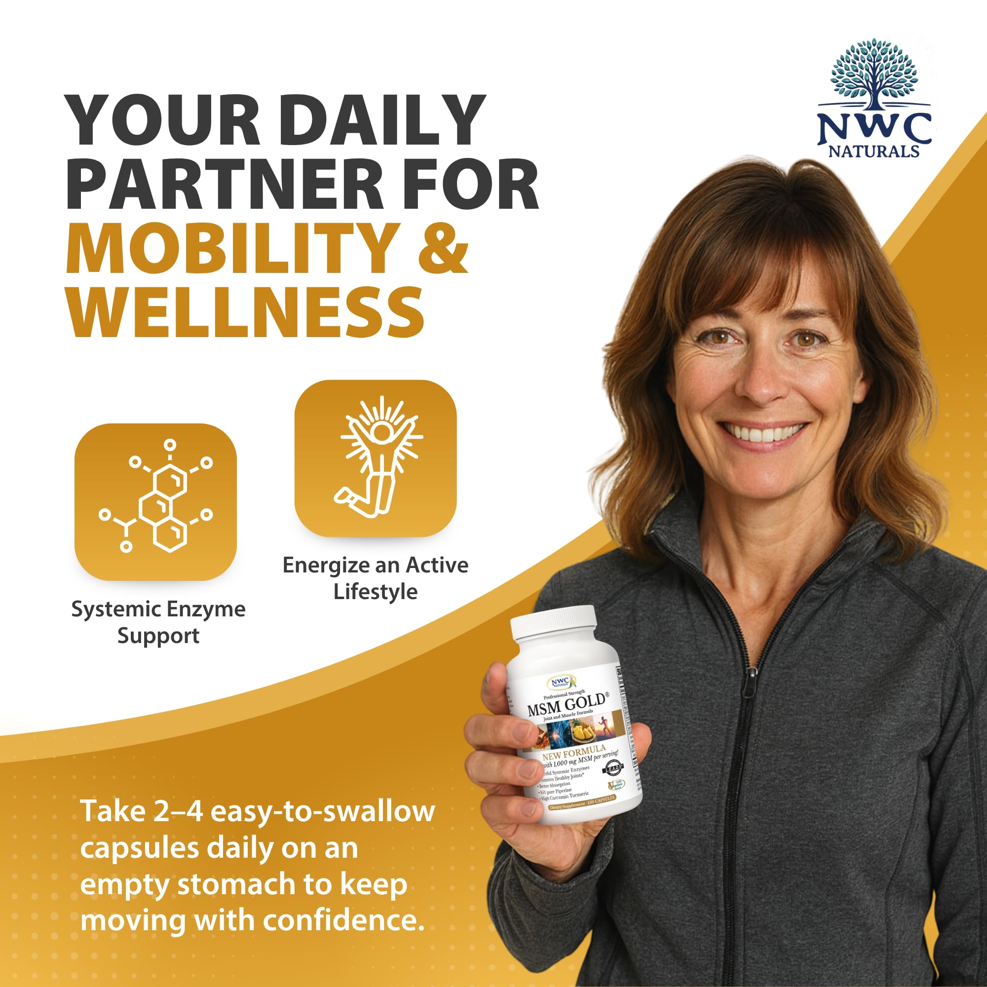 NWC Naturals MSM Gold plant-based formula visual emphasizing vegan-friendly ingredients.