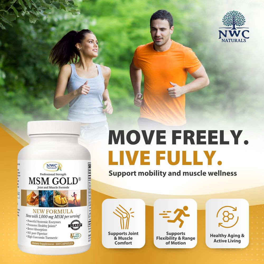 NWC Naturals MSM Gold turmeric image emphasizing antioxidant-rich turmeric content.