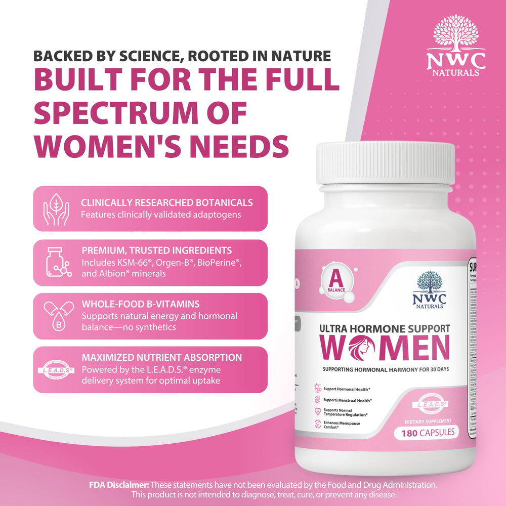 NWC Naturals Ultra-Hormone Support Formula A label closeup highlighting organic B-vitamins for mood and energy
