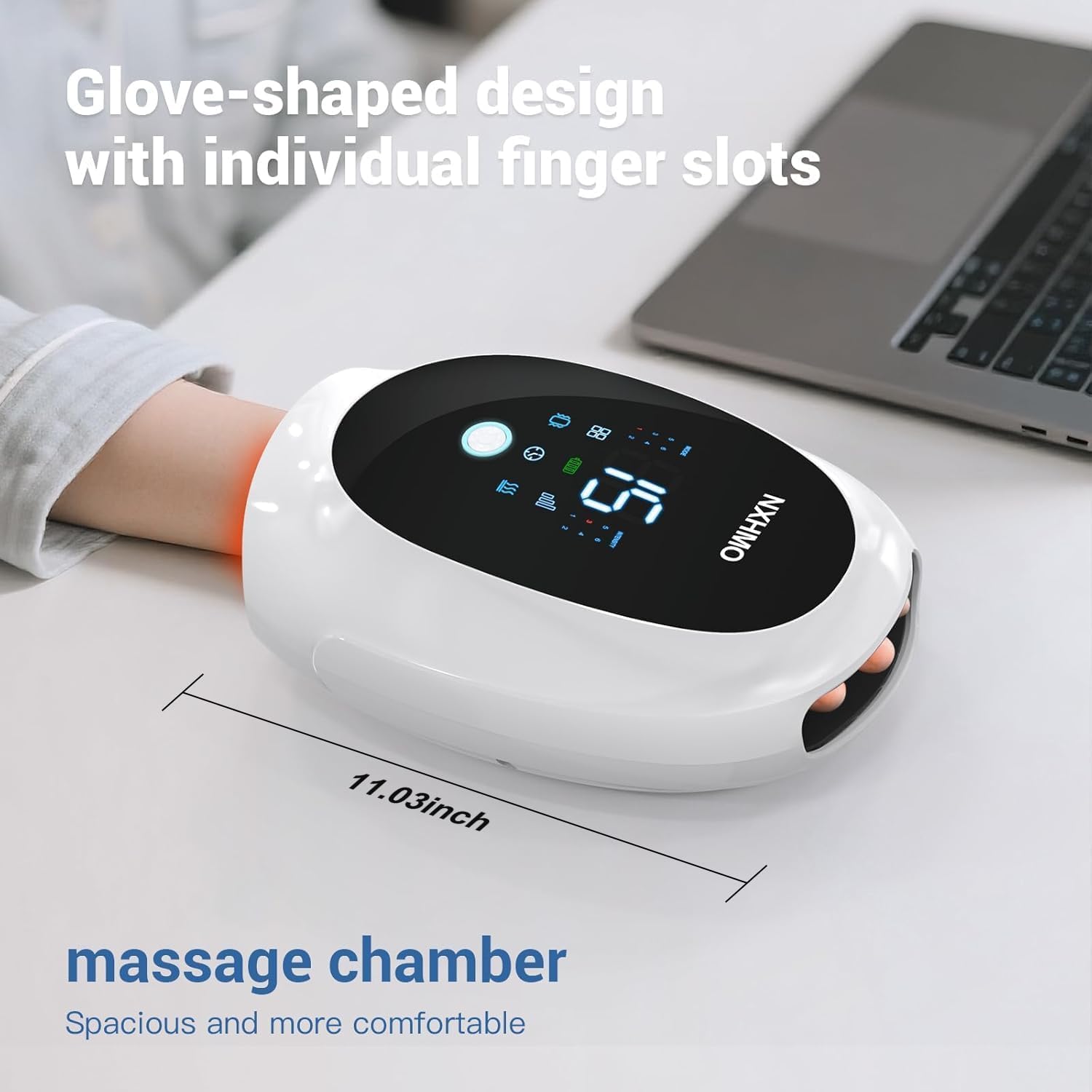 NXHMO hand massager in use during a break for relaxation