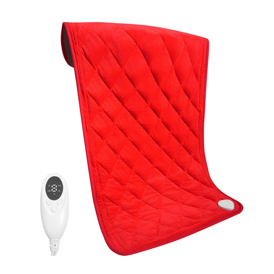 NYEONHRT weighted heating pad wrapped around shoulders and back for targeted relief.