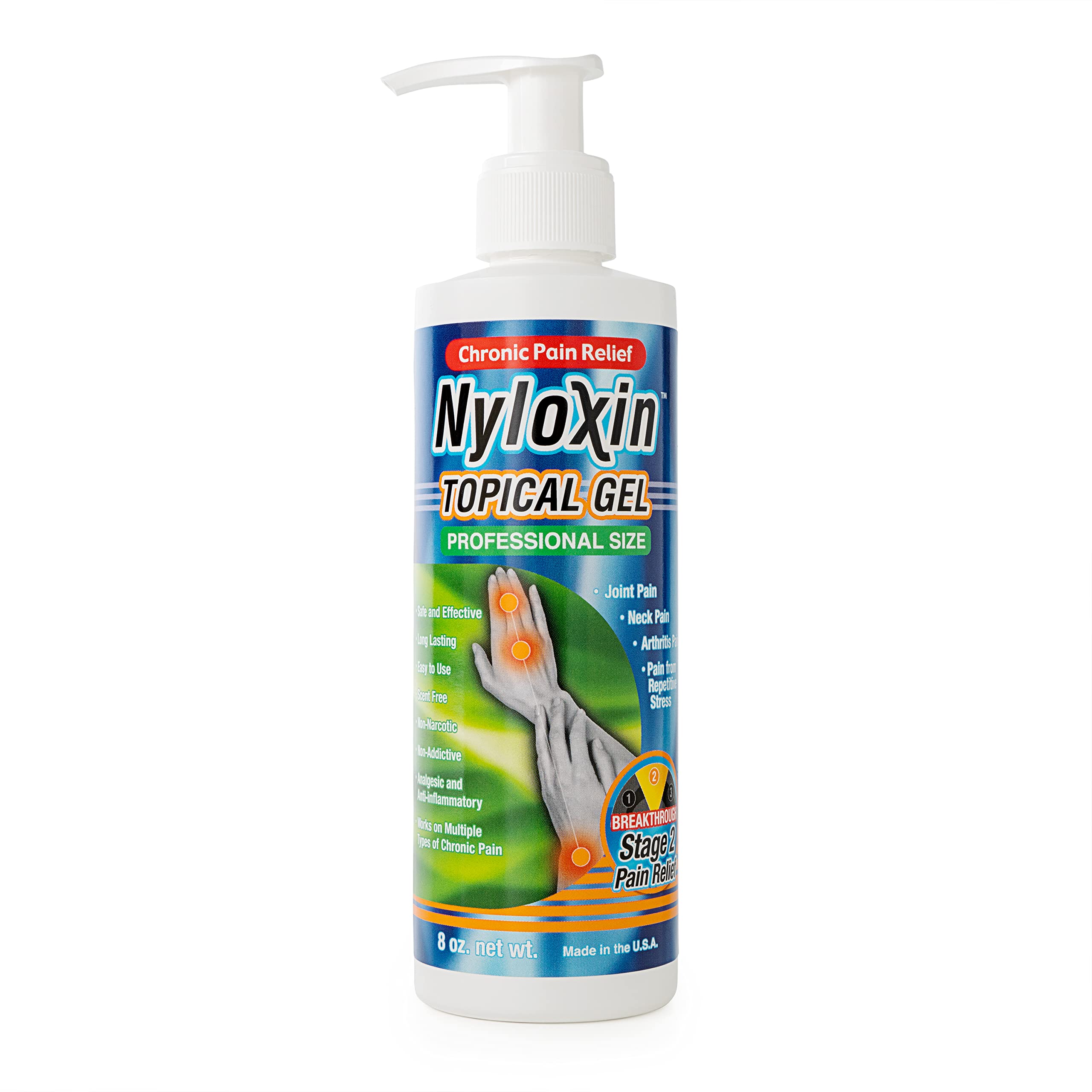Nyloxin 8 oz arthritis gel bottle front view for targeted joint relief