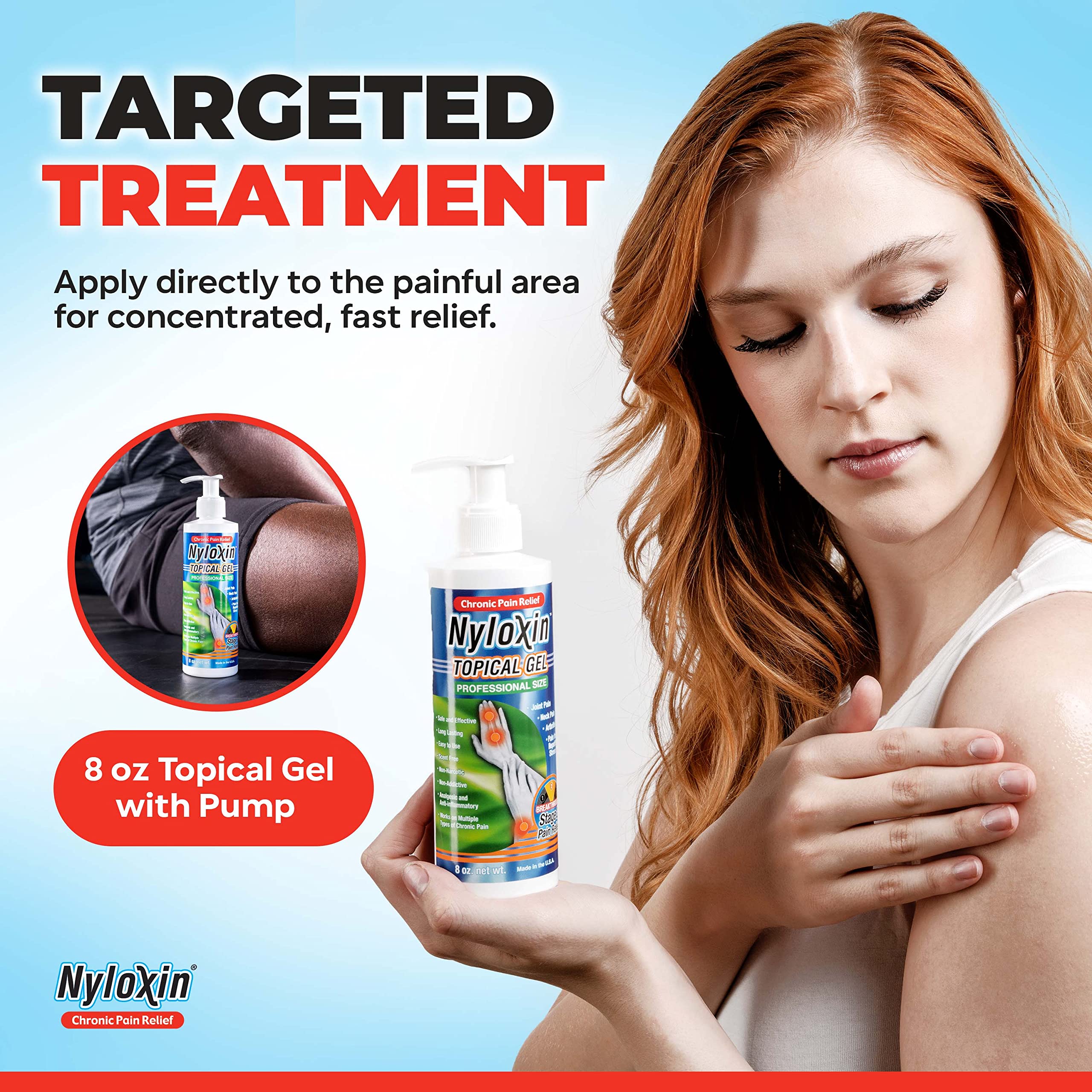 Nyloxin 8 oz bottle side label highlighting scent-free, non-greasy formula