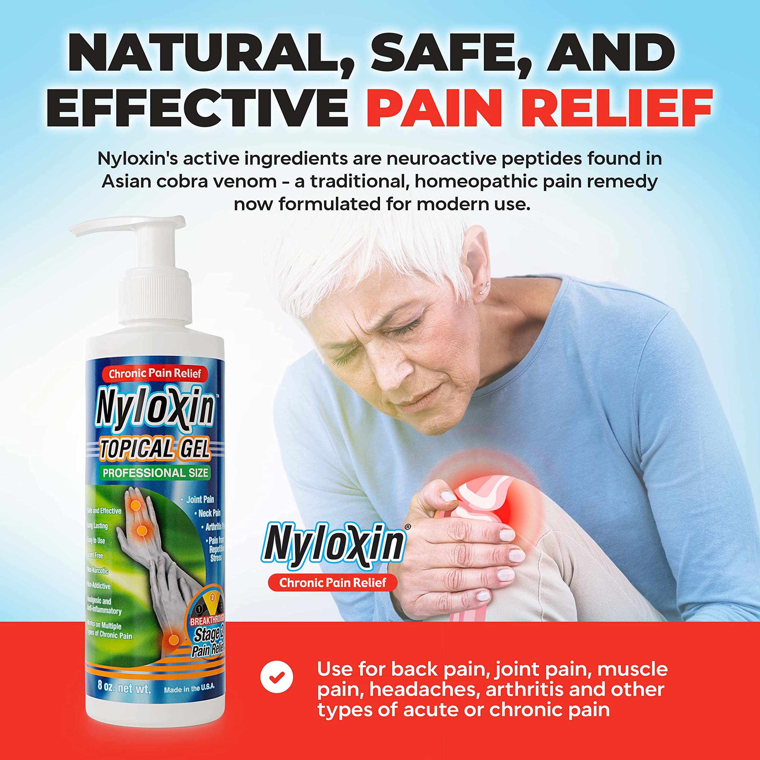 Nyloxin gel applied to knee for joint and nerve pain support