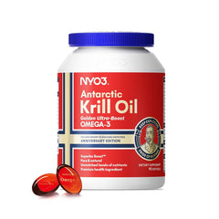 NYO3 Krill Oil bottle front shows Antarctic sourcing and high phospholipid content.