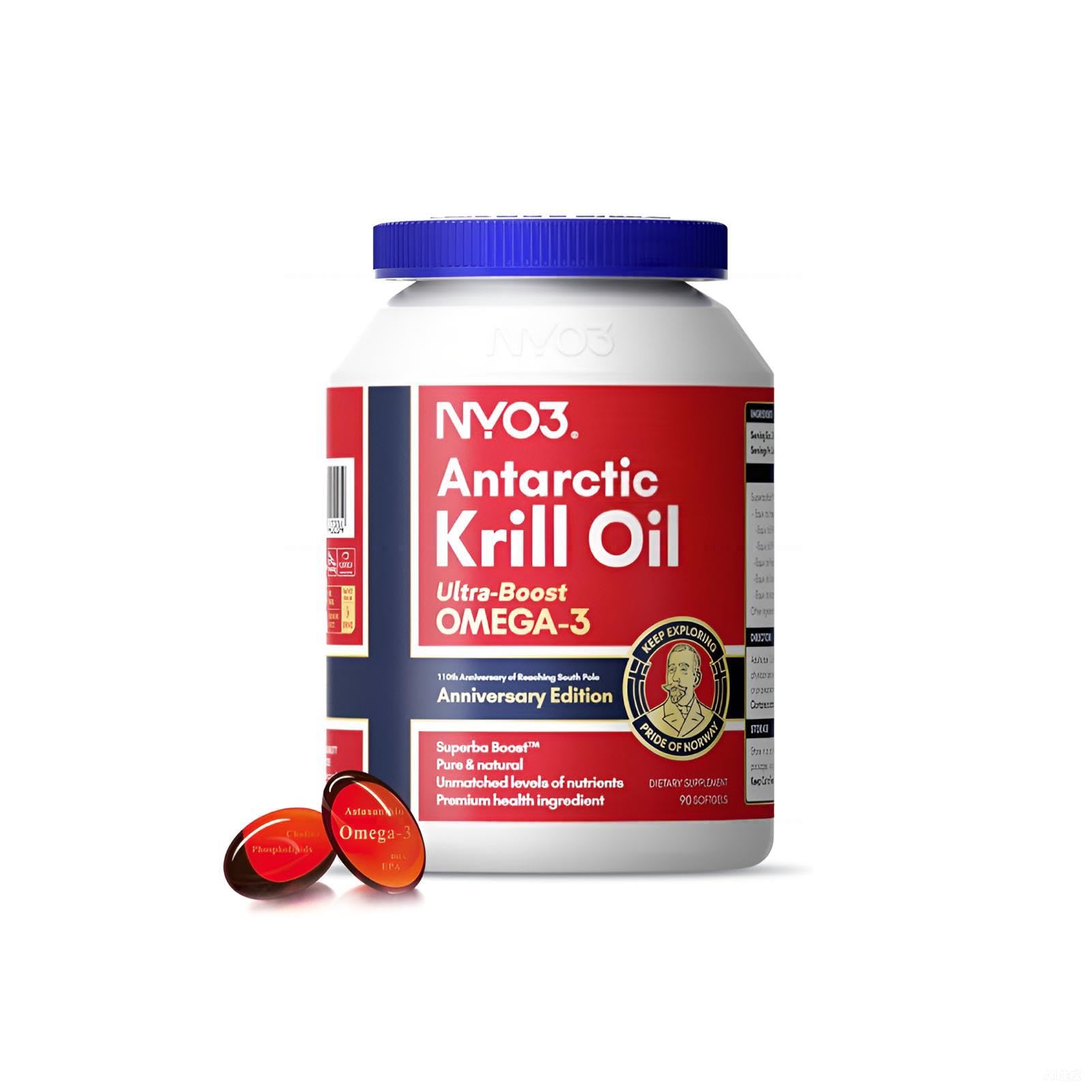NYO3 Krill Oil bottle front view highlighting omega-3 support for heart and brain