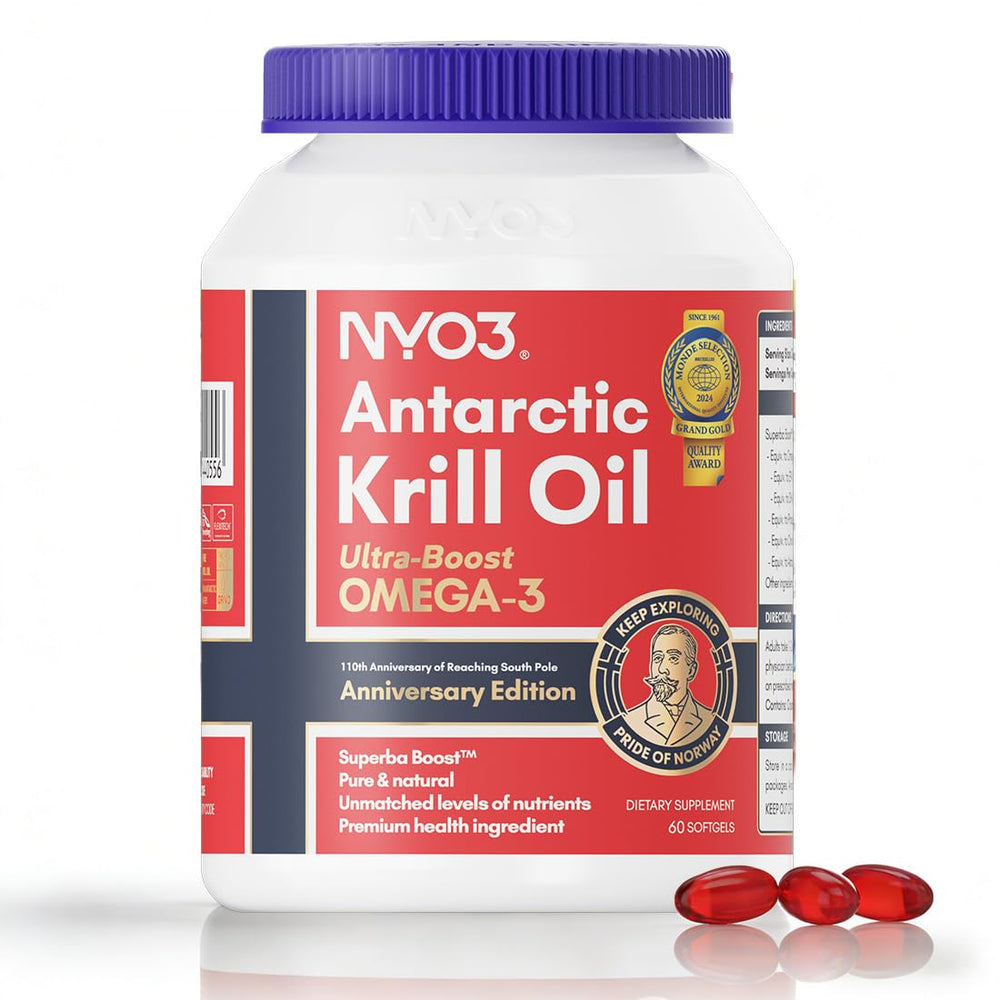NYO3 Krill Oil bottle on kitchen counter for easy daily omega-3 intake