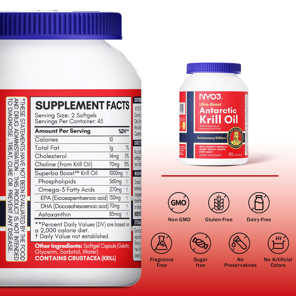 Close-up of NYO3 Krill Oil softgels showing smooth texture and clean, fish-free profile