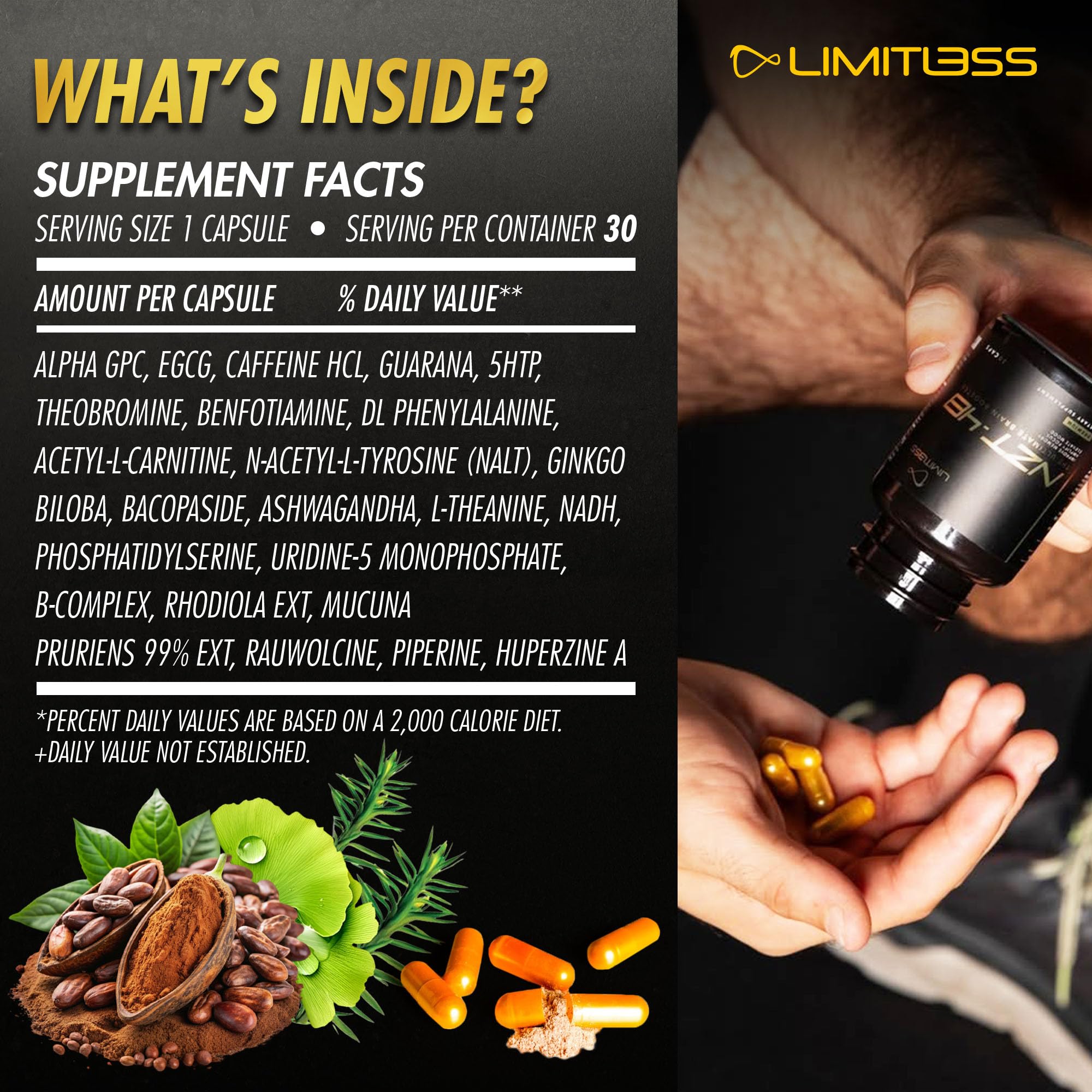 NZT-48 bottle side view highlighting natural ingredients for cognitive clarity.