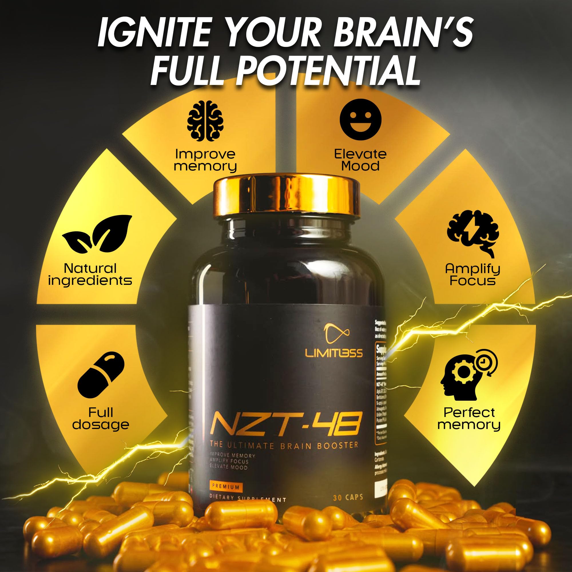 NZT-48 capsules closeup emphasizes convenient daily capsule format for consistent energy.