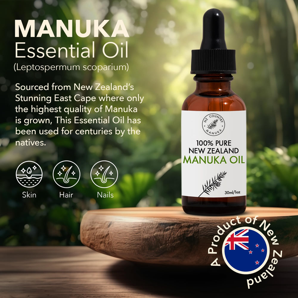 Close-up of NZ Country Manuka Oil label highlighting purity