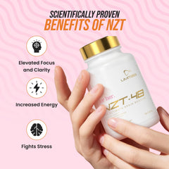 NZT-48 bottle label design communicates quality and female-focused brain health messaging.