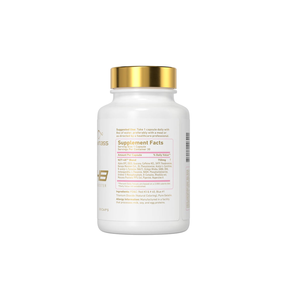 NZT-48 Brain Booster capsules closeup showing easy-to-swallow capsules and sustained energy.