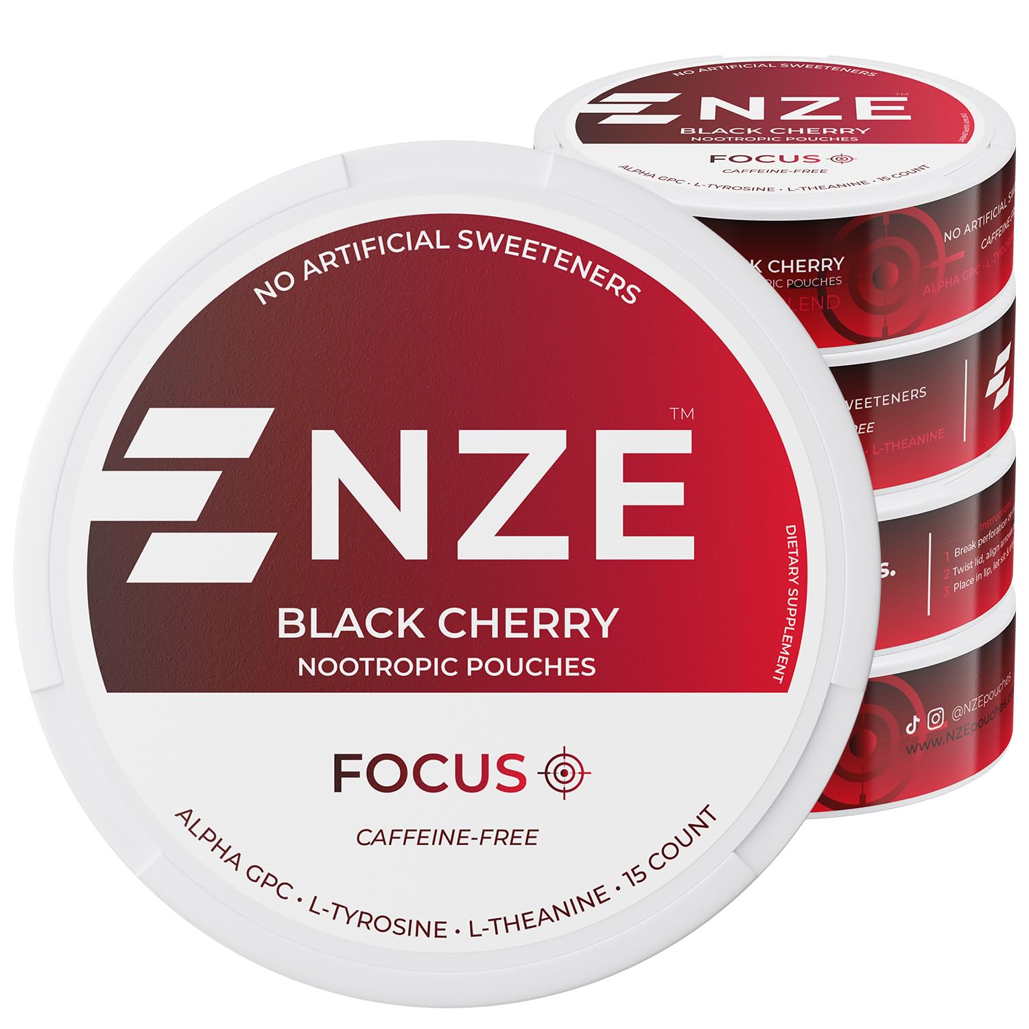 NZE Caffeine-Free Nootropic Pouches Black Cherry can for quick focus boost.