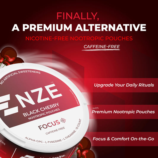 NZE Caffeine-Free Nootropic Pouches Black Cherry open pack for convenient use.
