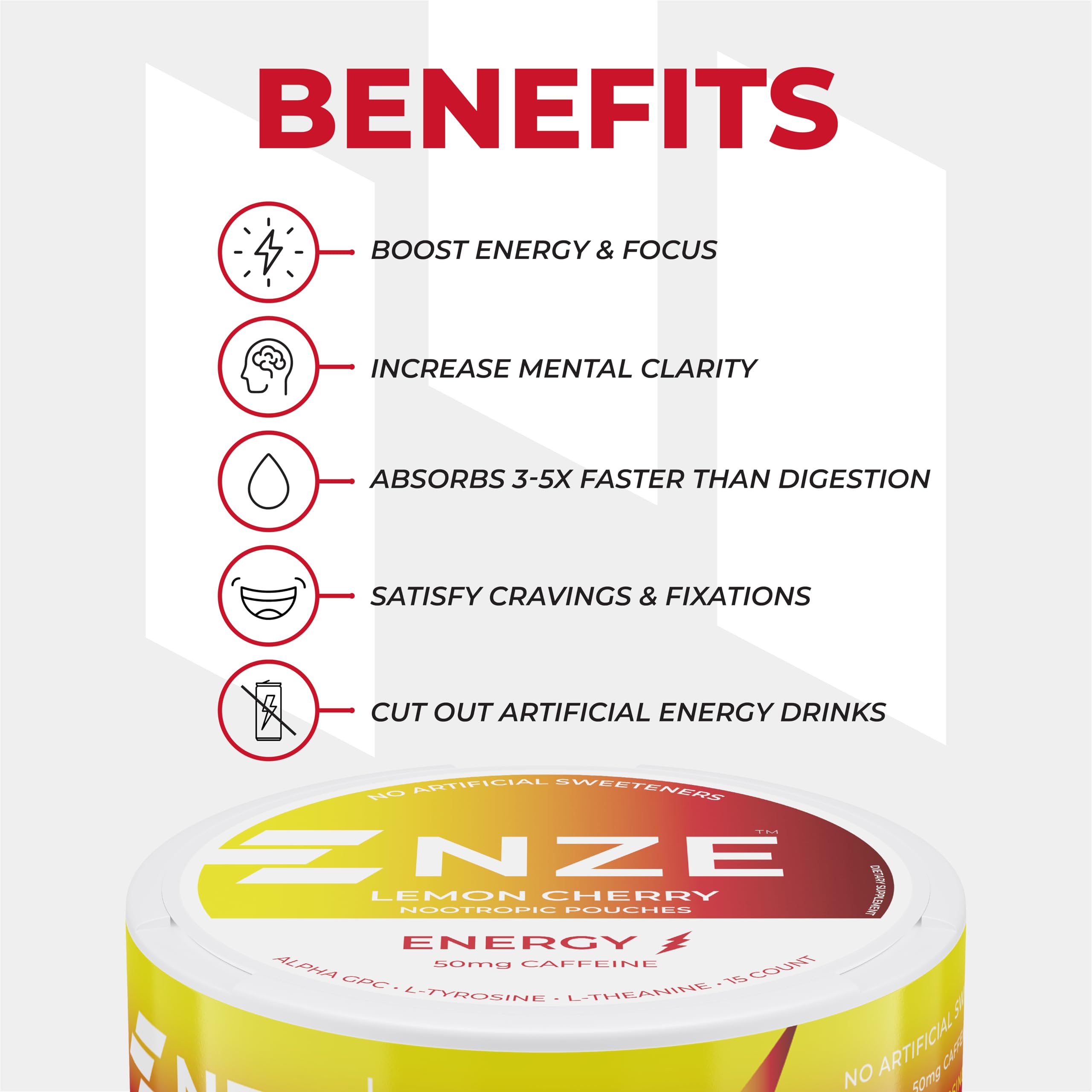 NZE Pouch shows Alpha GPC and L-Tyrosine on label