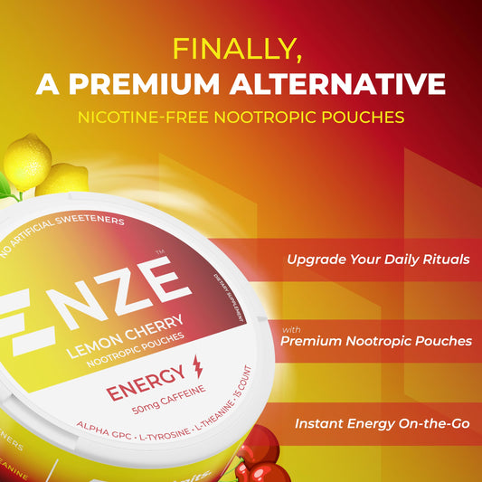 NZE Lemon Cherry pouch outside pack emphasizes flavor and convenience