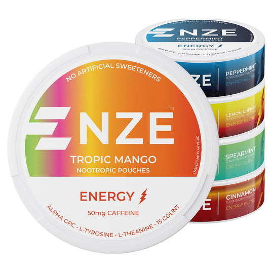 NZE Caffeine Nootropic Pouches close-up of a 50mg pouch ready for use