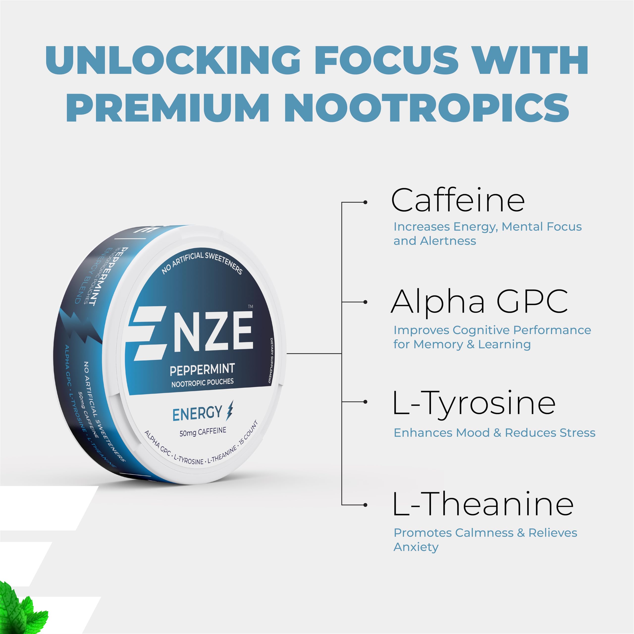 NZE Caffeine Nootropic Pouches include Alpha GPC for sharper focus