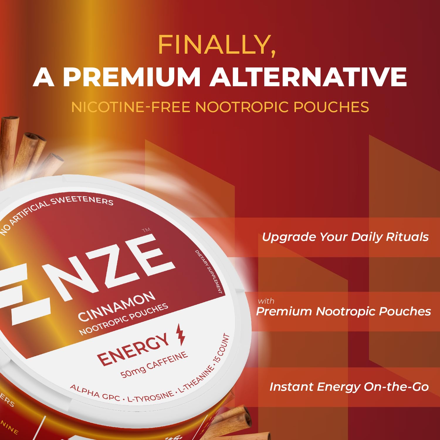 NZE Caffeine Nootropic Pouches Cinnamon can back with details.