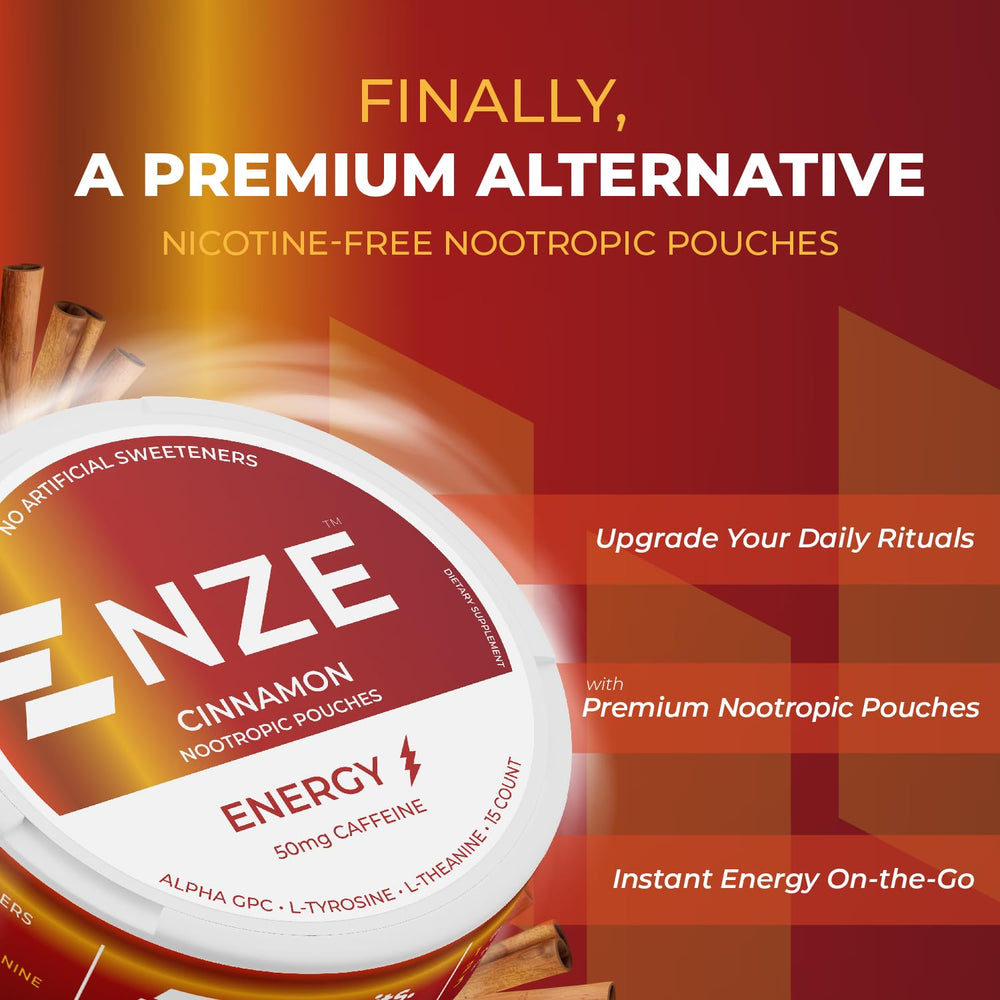 NZE Caffeine Nootropic Pouches Cinnamon can back with details.