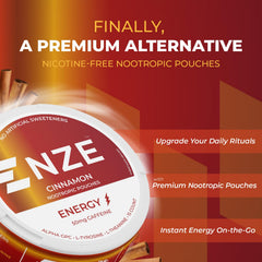 NZE Caffeine Nootropic Pouches Cinnamon can back with details.