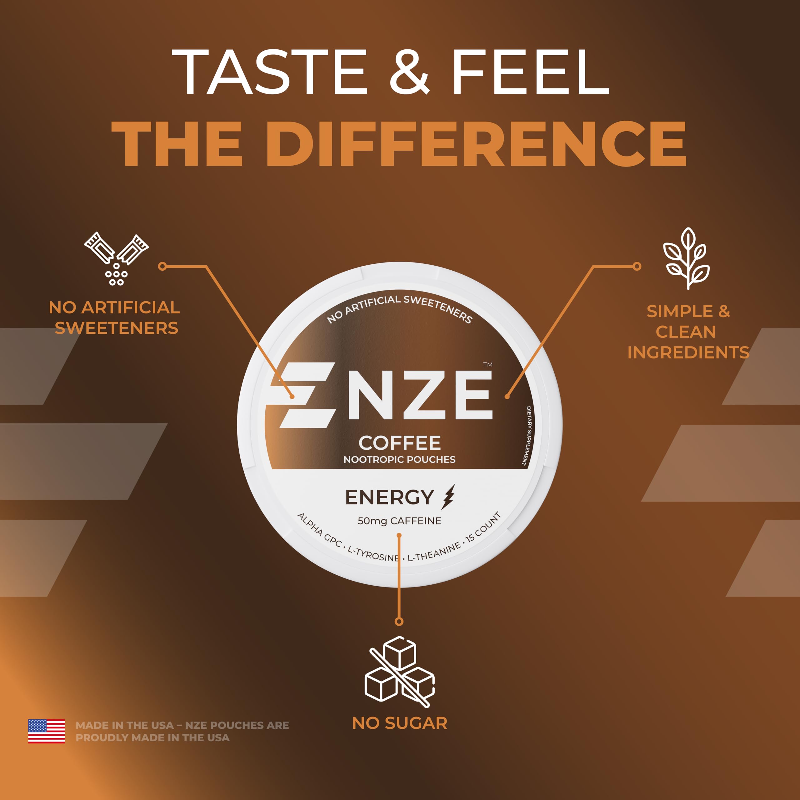 Natural sweetener icons beside NZE Caffeine Nootropic Pouches.