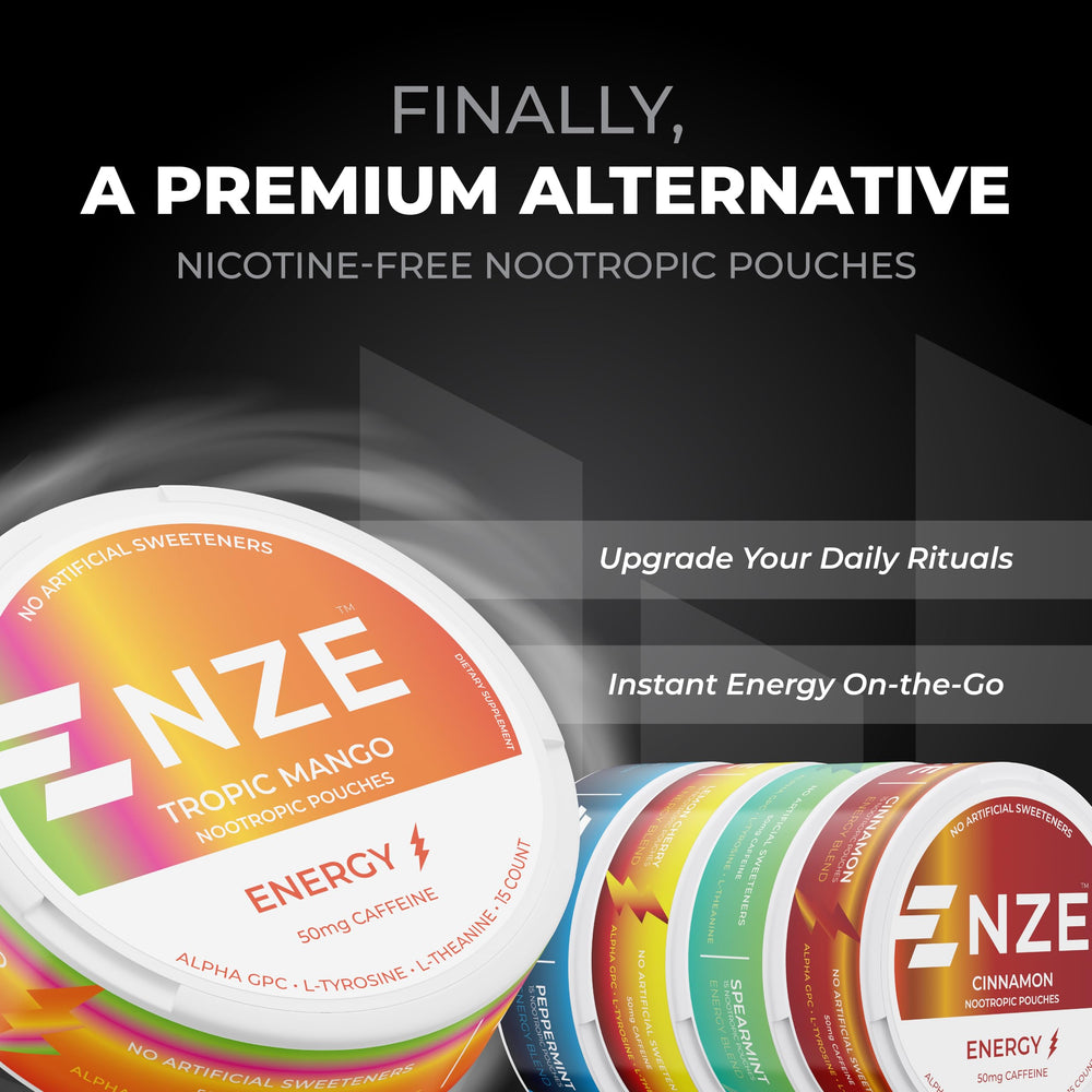 NZE Caffeine Nootropic Pouches peppermint can showcases on-the-go energy