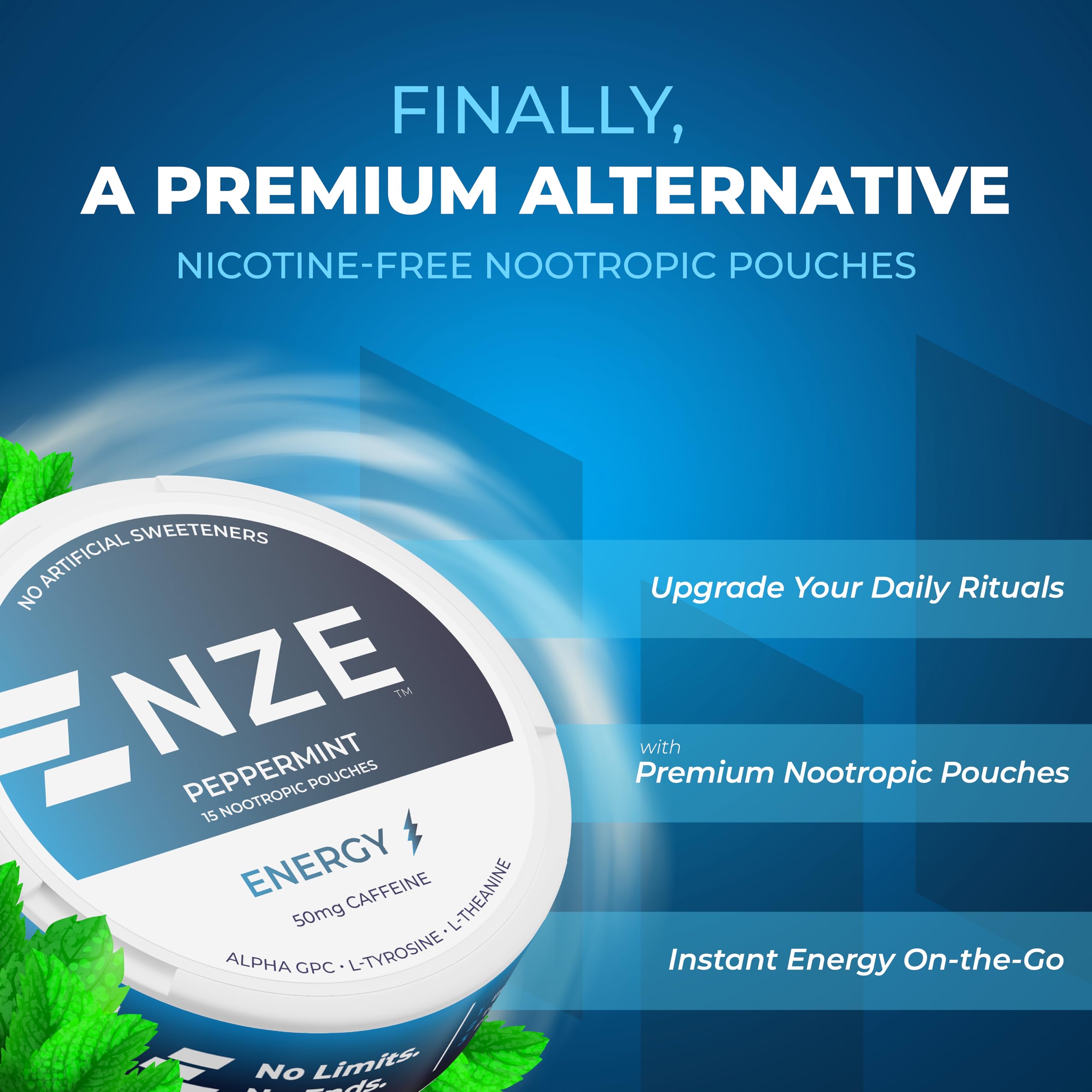 NZE Caffeine Nootropic Pouches Peppermint label closeup showing clean ingredients