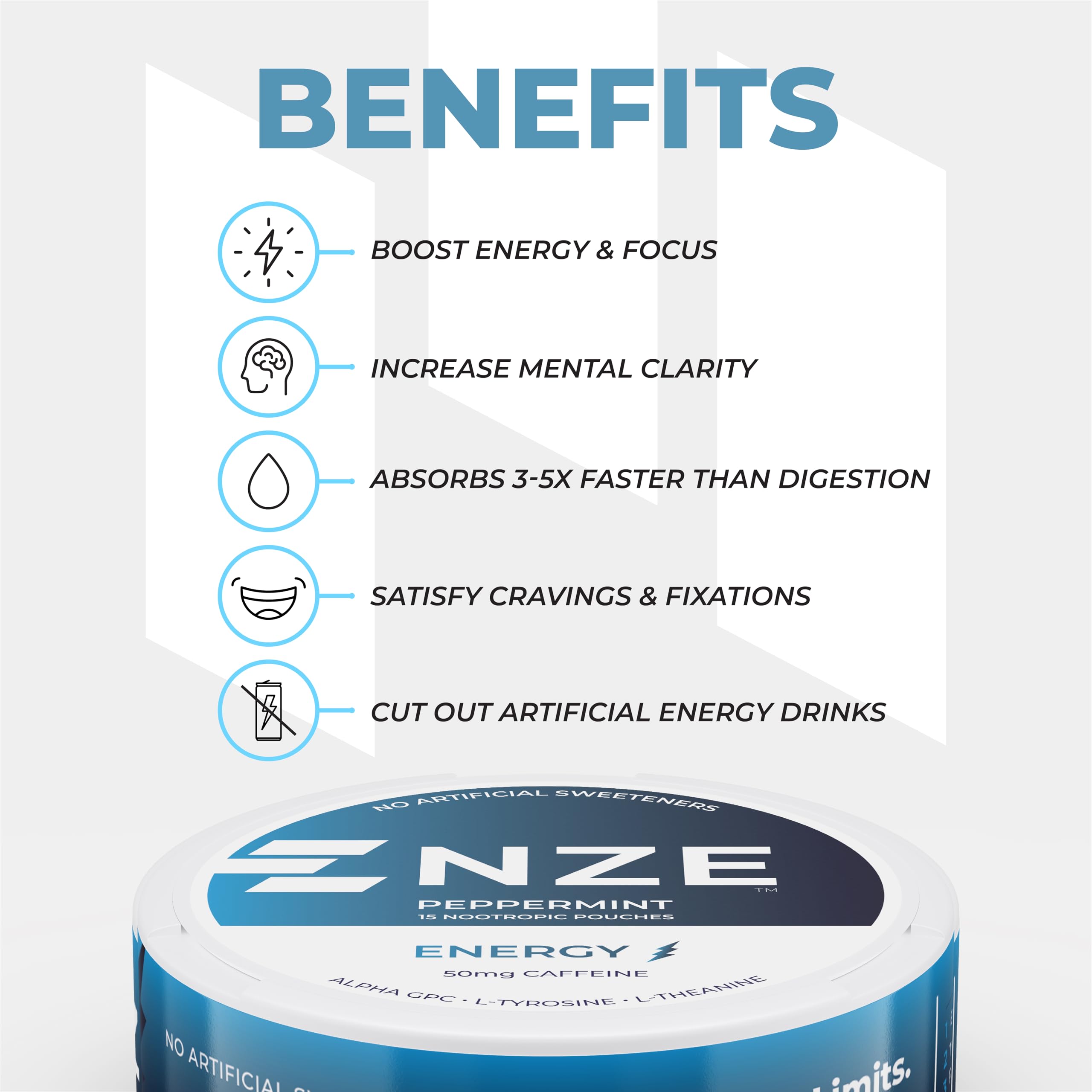 NZE Caffeine Nootropic Pouches Peppermint pouch texture suggests smooth mouthfeel