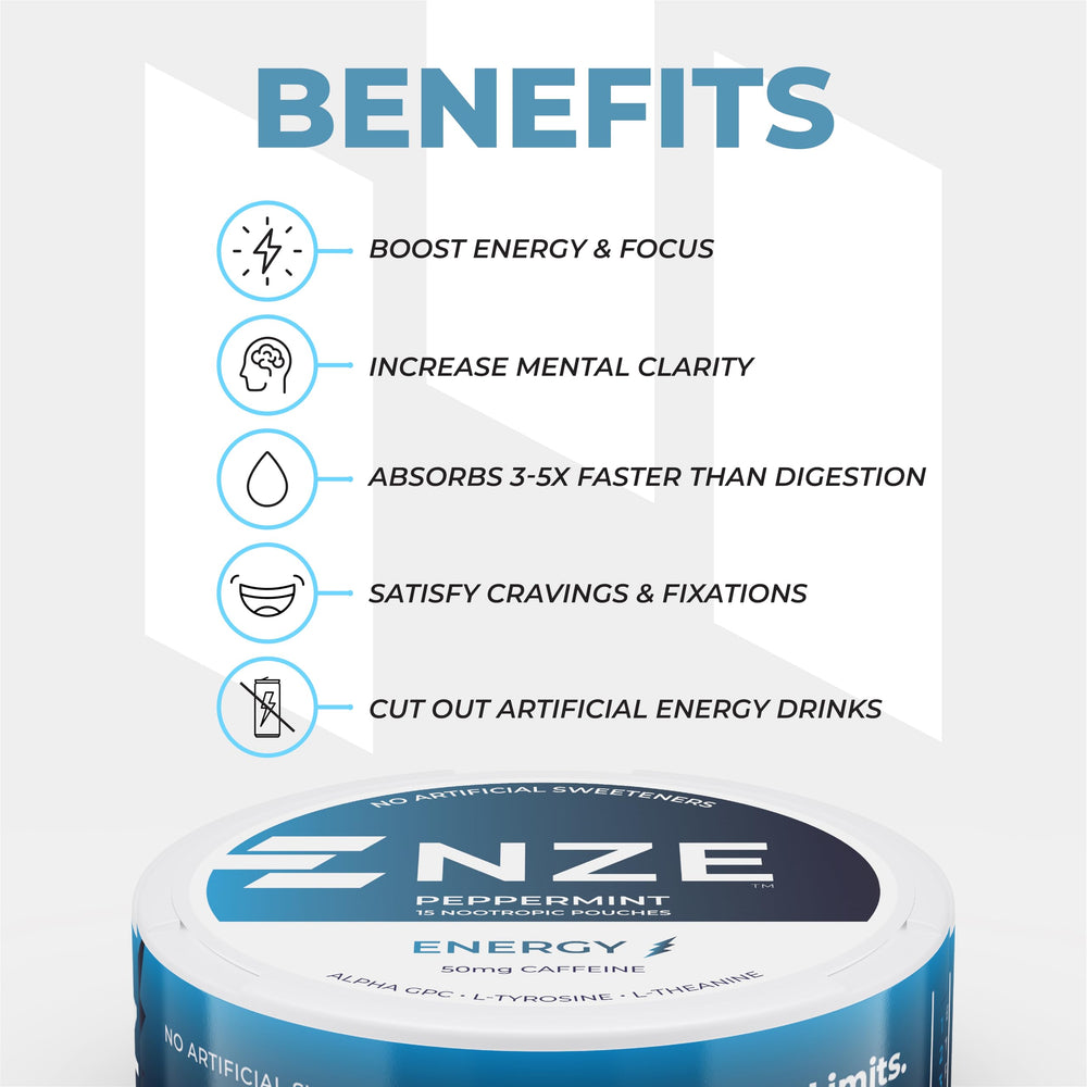NZE Caffeine Nootropic Pouches Peppermint pouch texture suggests smooth mouthfeel
