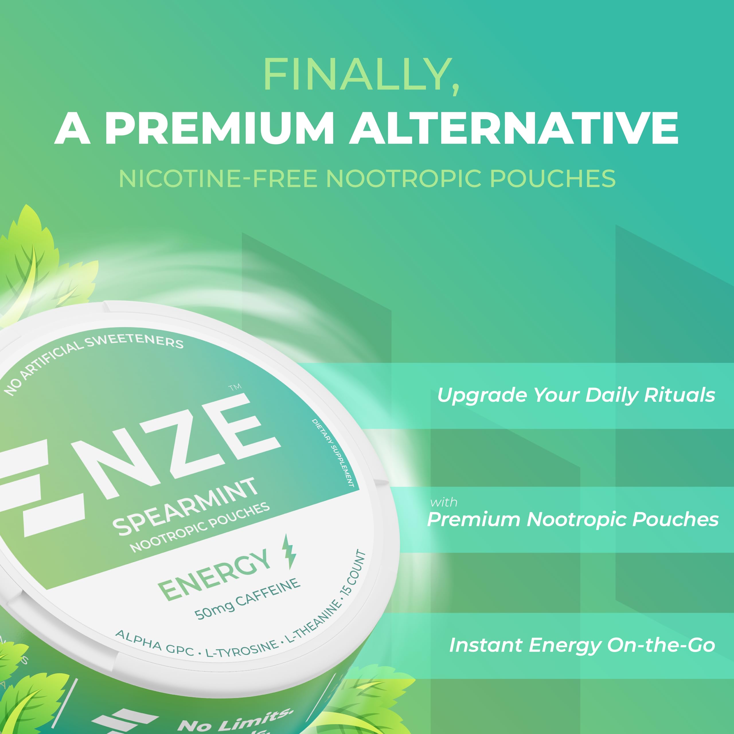 NZE can close-up showing 50mg caffeine and nootropic blend