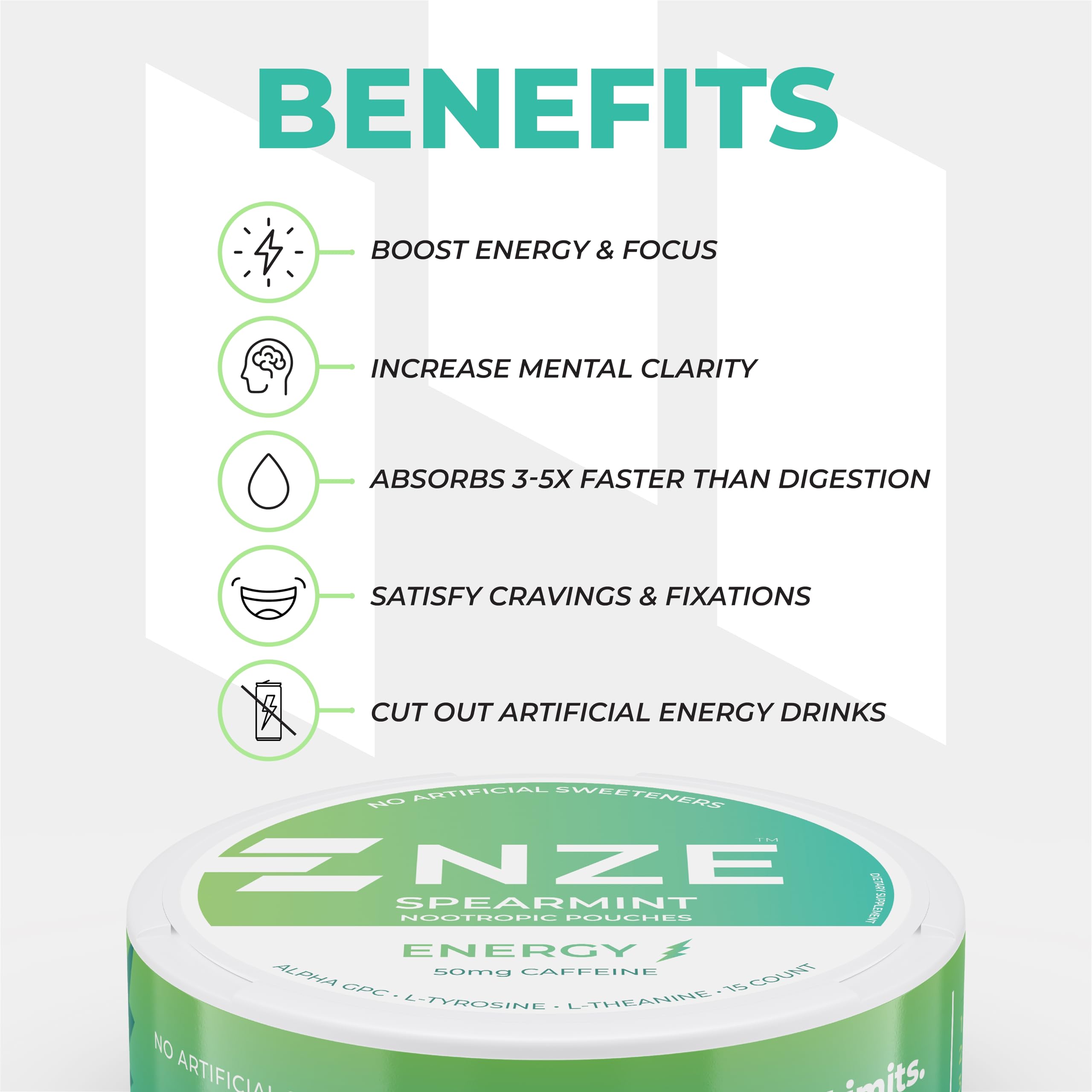 NZE ingredients graphic highlighting caffeine and nootropic blend