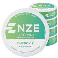 NZE caffeine nootropic pouches spearmint pack front for on-the-go energy