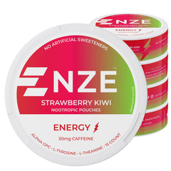 NZE Caffeine Nootropic Pouches Strawberry Kiwi can on desk for on-the-go energy