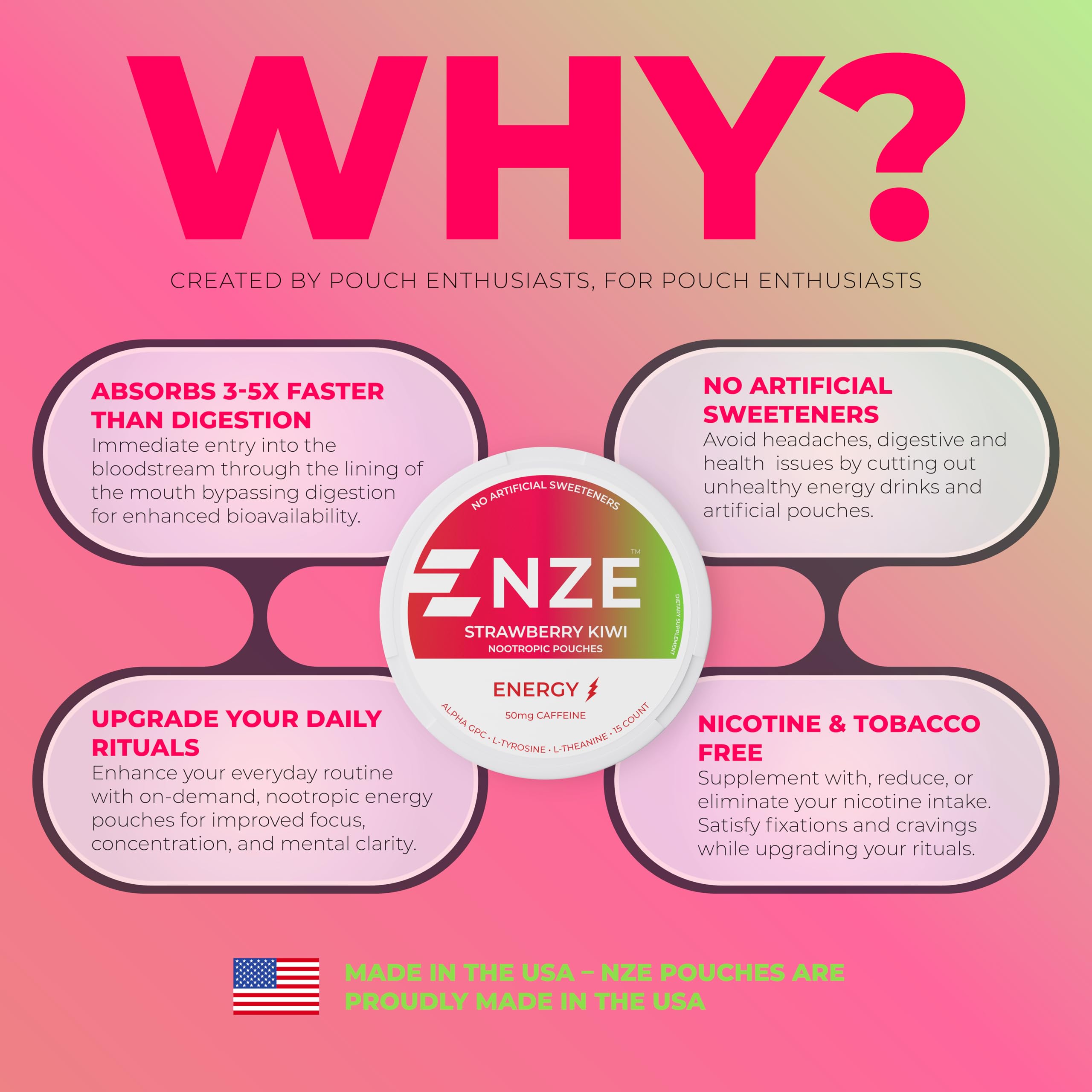 NZE Caffeine Nootropic Pouches Strawberry Kiwi dispensed for a quick productivity boost