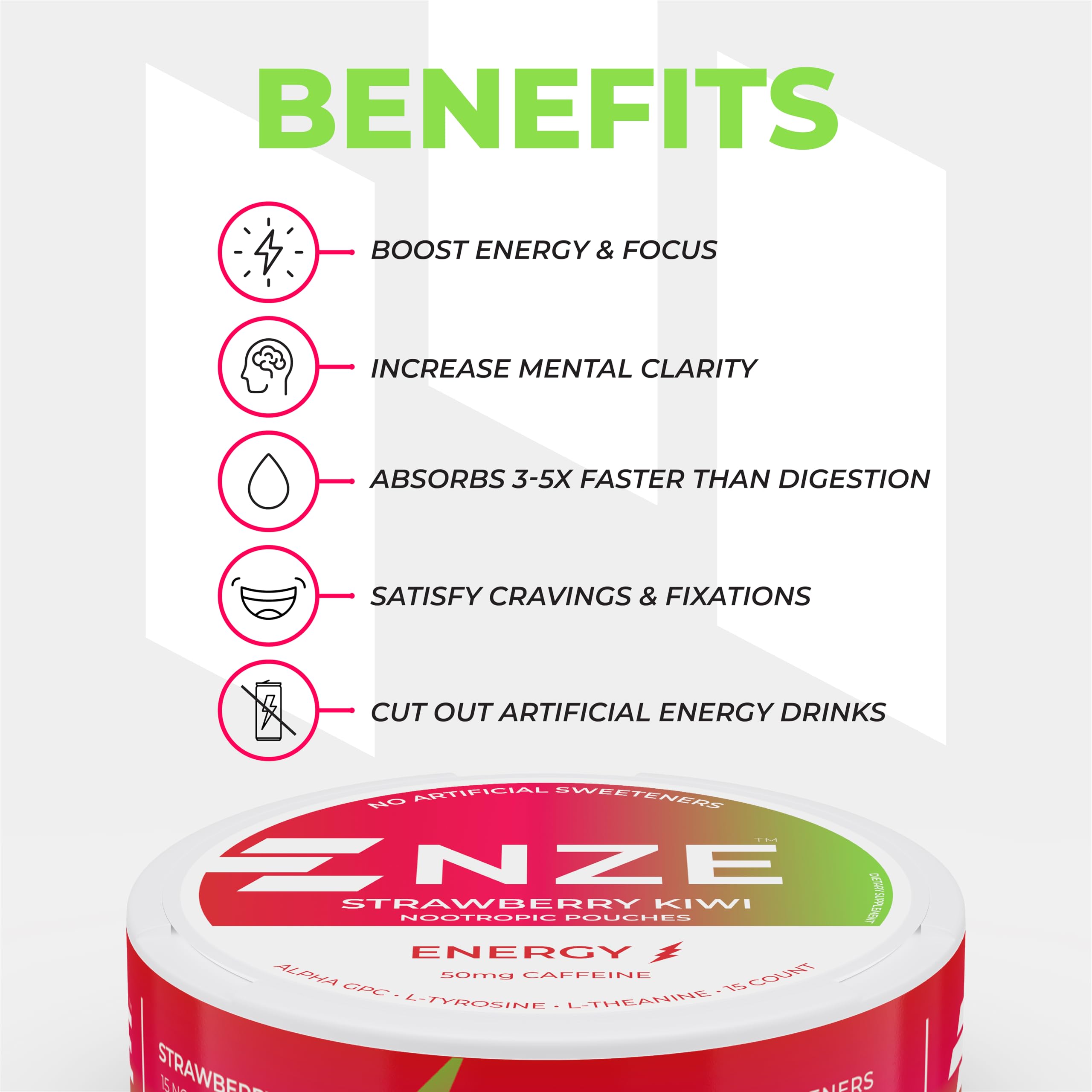 NZE Caffeine Nootropic Pouches Strawberry Kiwi in hand for focused moments
