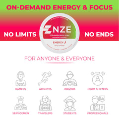 NZE Caffeine Nootropic Pouches Strawberry Kiwi ingredients icons emphasize natural sweeteners