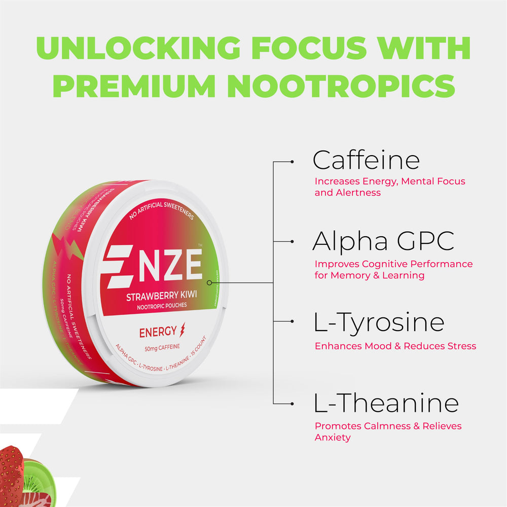 NZE Caffeine Nootropic Pouches Strawberry Kiwi label closeup highlights clean ingredients