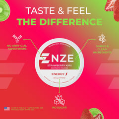 NZE Caffeine Nootropic Pouches Strawberry Kiwi pack on desk during morning routine